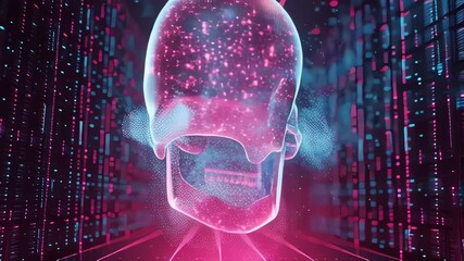 Cyberpunk Digital Skull Emoji Rendering Data Stream Background - Powered by Adobe