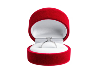 Jewelry ring box with ring inside for proposal day or valentines day, isolated on white and transparent.
