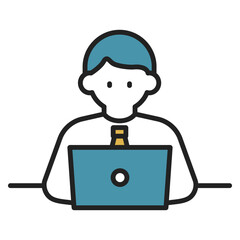 ノートパソコンを操作するビジネスマンのイラスト（線幅変更可能・カラー）