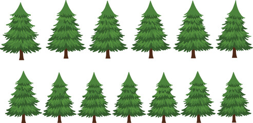 Cartoon pine trees in two rows, green coniferous forest, seasonal nature illustration, evergreen trees, isolated on white background © meri999