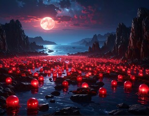 Spectacular landscape with a river full of glowing red orbs under the moonlight