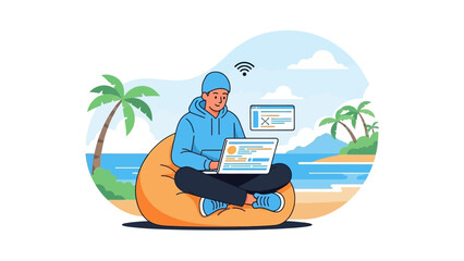 A person working on a laptop while sitting on a bean bag chair at the beach with palm trees surrounding them, enjoying a relaxed atmosphere.