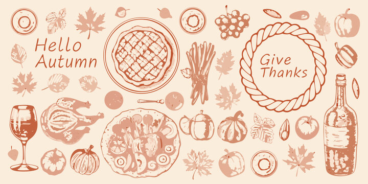 Autumn harvest sketches a festive illustration with fruits pies and thankful messages