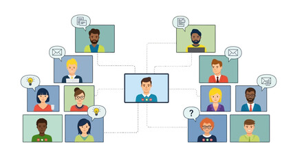 Central figure connected to diverse group of people in various professions, illustrating communication and collaboration in a professional setting