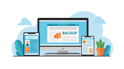Data backup process on multiple devices in a modern workspace with technology and greenery