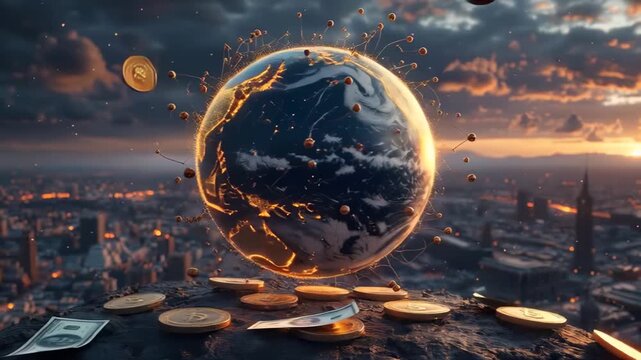 Cryptocurrency Globe The Future of Global Finance. Video Generative AI.