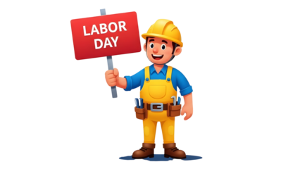 Labour day cartoon worker holding sign isolated on transparent background