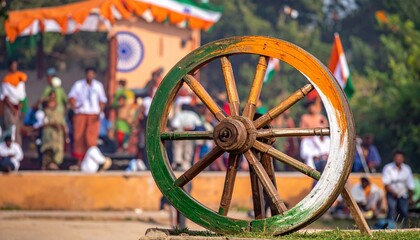 Large tricolor wheel with Ashoka Chakra, public celebration, Indian flags, ceremonial architecture, patriotic crowd.