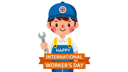 Happy international worker's day labour day cartoon worker isolated on transparent background