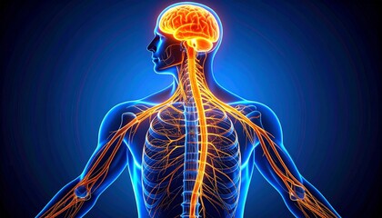 Digital illustration of human nervous system, glowing brain and spinal cord, branching nerves, dark blue background.