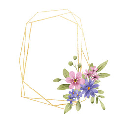Flowers gold geometric frame. Watercolor hand painting floral border with place for text with bouquet. Isolated on white background.