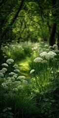 Lush woodland path lined with white flowers.