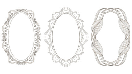 Obraz premium Three elegant oval frames with intricate designs, including ornate floral, wavy scalloped, and abstract intertwined patterns.