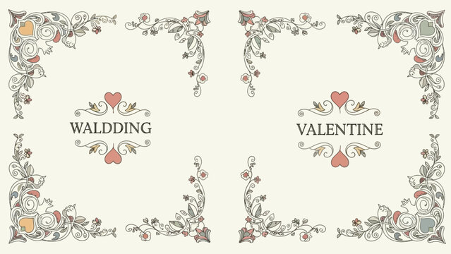 Ornate vintage decorative corners with floral scrolls and heart accents, featuring 'WALDDING' and 'VALENTINE' text labels on a light background.