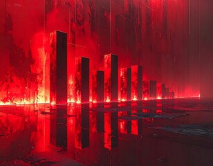 Fiery red data columns, reflecting glow on wet, cracked surfaces