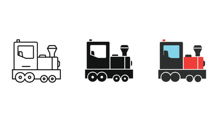 Three different train icons in various colors and designs