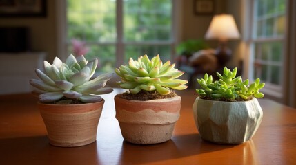 Three succulent plants in handcrafted ceramic pots.