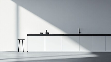 Minimalist kitchen design with sunlight and a small stool.