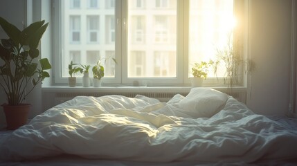 Sunlight streams into a bedroom with a neatly made bed.