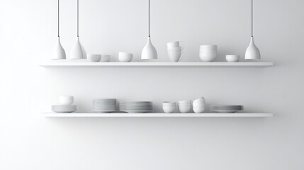 White shelves with various ceramic dishes and hanging lights.