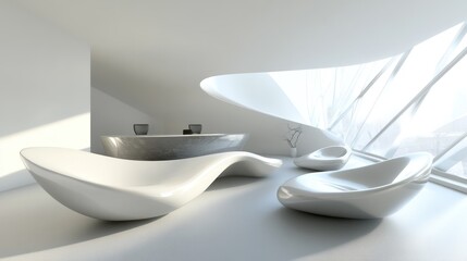 Modern white interior design with sculpted seating and reception desk.