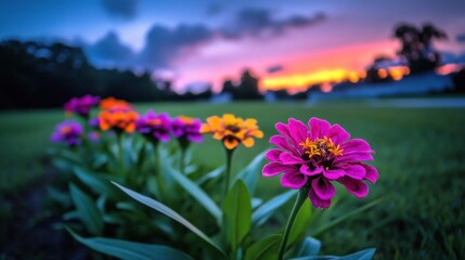 Vibrant flowers in a garden at sunset.