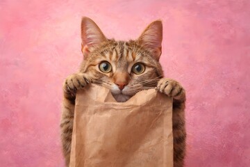 Curious Tabby Cat Peeking from Paper Bag on Pink Background