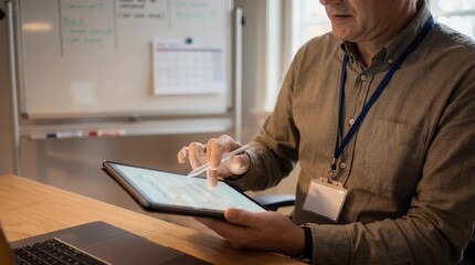 Man using tablet and laptop at desk - Powered by Adobe