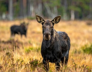 Fototapeta premium A close-up portrait of a dark moose standing in a field