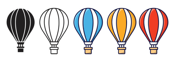 Set of Air Balloon Vector Illustration with Solid, Outline and Color Version, Hot Air Balloon Icon with Orange and Blue Balloon
