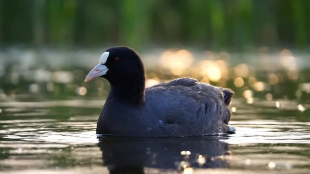 Close-up shot of an Eurasian coot swimming peacefully in a lake with beautiful light reflections on the water surface during sunrise
