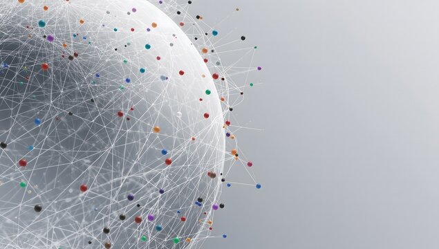 Global communication network sphere with colorful nodes and lines