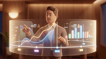 Animated figure analyzing data visualization in modern interior - Powered by Adobe