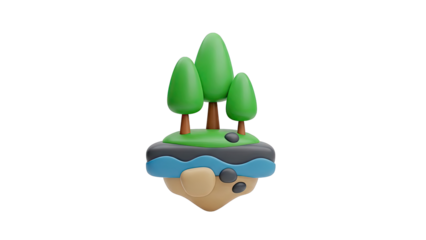 3D Floating Island with Trees and Water