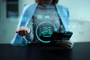Electric vehicle energy concept with smart battery, clean power, carbon reduction, and digital interface, representing sustainable mobility and future green technology.