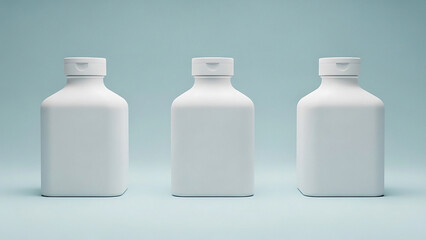 Three white plastic bottles with caps on a light blue background containers