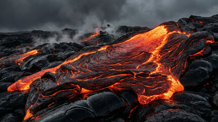 Realistic hot glowing orange lava flow with black volcanic rock crust texture and smoke background