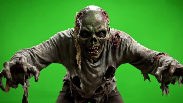 Zombie creature snarling and clawing at the viewer with decaying flesh and tattered clothes against a bright green background