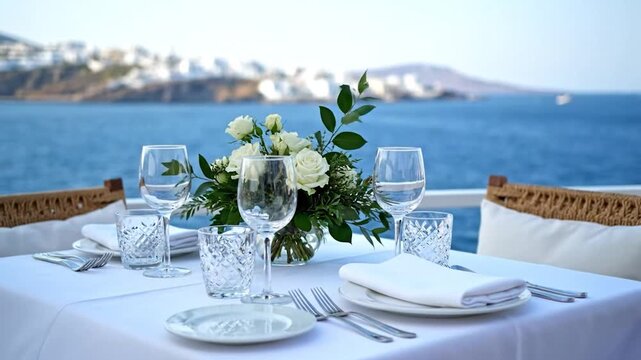 Elegant table setting with white roses, glasses, and silverware overlooking the sea