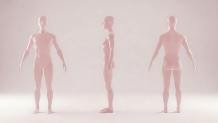 Three translucent human figures in pink standing in different poses against a gradient background