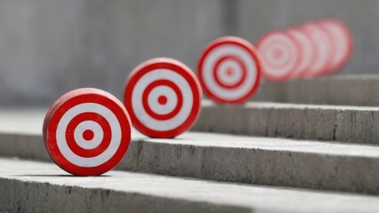 Red and white circular targets in a line on concrete surface with blurred gray wall in background, conveying focus and determination.