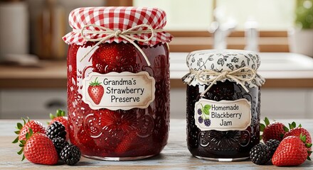 Delicious homemade fruit preserves strawberry and blackberry jam in glass jars presentation