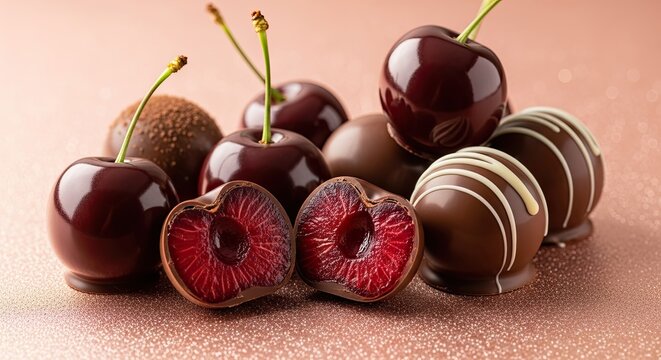 Delectable Chocolate-Covered Cherries and Truffles Delightfully Arranged on a Glittering Surface