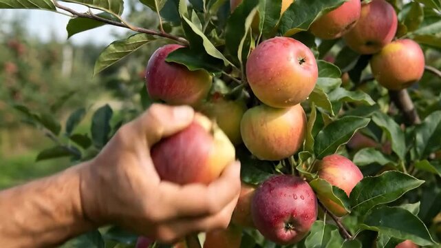A hand is shown reaching for ripe apples on a tree branch. The apples are red and yellow, with water droplets visible on their skins.