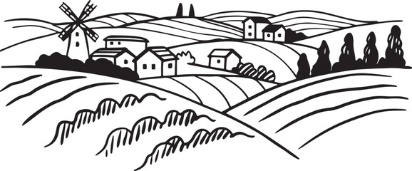 Rural Village Landscape Illustration Featuring Windmill, Barns, Fields, Trees, Hills, and Traditional Countryside Architecture