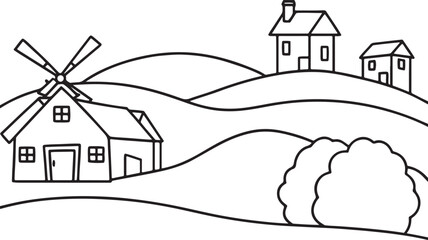 Rural Landscape Line Drawing Featuring Windmill, House, Shed, Hills, Bushes, and Peaceful Countryside Scene