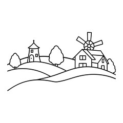 Rural Landscape Line Art Featuring Hills, Church Tower, Windmill, Trees, House, and Peaceful Countryside Scene