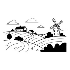 Rural Landscape Illustration Featuring Hills, Houses, Windmill, Trees, Clouds, and Winding Path in Monochrome Style
