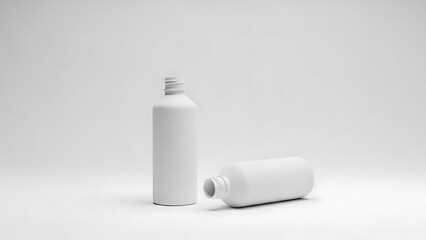 Two White Plastic Bottles with Caps on Light Background standing