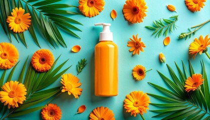 cosmetic bottles with flowers and leaves